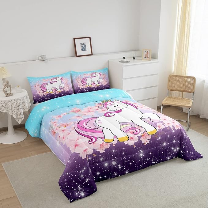 Unicorn Comforter Set Full, Kids Unicorn Floral Bedding for Girls Boys Children Bedroom Decor, Cherry Blossoms Glitter Down Comforter Galaxy Kawaii Quilt Set with 2 Pillowcases, Blue Purple Ombre