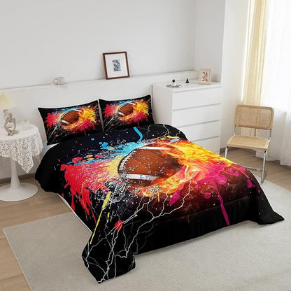 Erosebridal Football Full Size Comforter Set for Teen Boys Kids Hippie Tie Dye Sports Football Bedding Sets Rugby Bed Quilt Set 1 Comforter and 2 Pillow Cases Colorful Sport Theme Bedroom Decor
