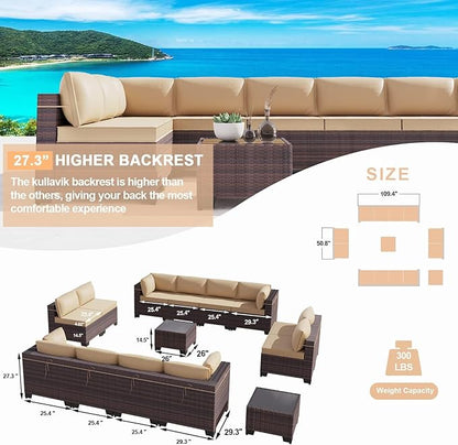 Kullavik 14PCS Outdoor Patio Furniture Set PE Wicker Rattan Sectional Sofa Patio Conversation Sets,Sand