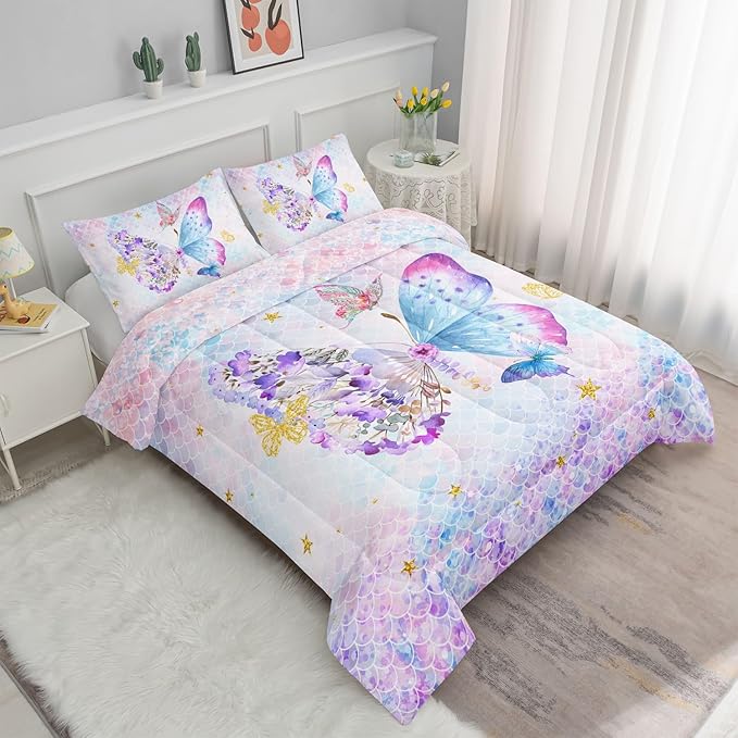 Datura home Butterfly Comforter Set Scales Butterfly Printed Quilt Bedding Set with 1 Comforter and 2 Pillowcases for Boys and Girls Bedroom All Season(Butterfly Scales Twin)