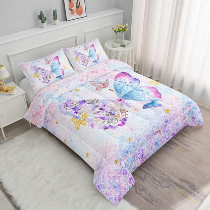 Datura home Butterfly Comforter Set Scales Butterfly Printed Quilt Bedding Set with 1 Comforter and 2 Pillowcases for Boys and Girls Bedroom All Season(Butterfly Scales Twin)