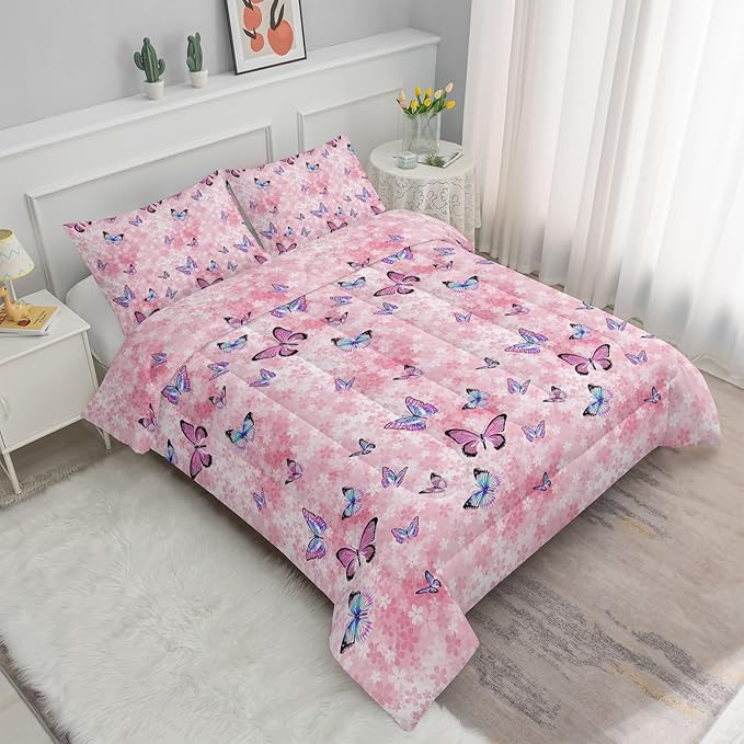 Datura home Kids Comforter Set Girls Pink Flower Butterfly Printed Pattern Quilt Bedding with 1 and 2 Pillowcases for Bedroom All Season(Pink Full) Full 80x90inches