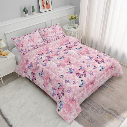 Datura home Kids Comforter Set Girls Pink Flower Butterfly Printed Pattern Quilt Bedding with 1 and 2 Pillowcases for Bedroom All Season(Pink Queen) Queen 90x90inches