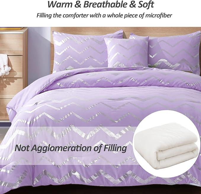 Purple/Silver Comforter Set King, Lavender Metallic Print Glitter Bedding Set Cute Shinny Lilac Bed Sets for Teen Girls Kids Women, 4 Piece (2 Pillowcases, 1 Decorative Pillow Sham)