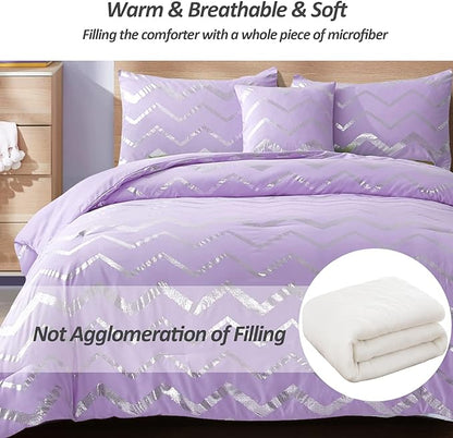 Purple/Silver Comforter Set Twin, Lavender Metallic Print Glitter Bedding Set Cute Shinny Lilac Bed Sets for Teen Girls Kids Women, 3 Piece (1 Pillowcase, 1 Decorative Pillow Sham)