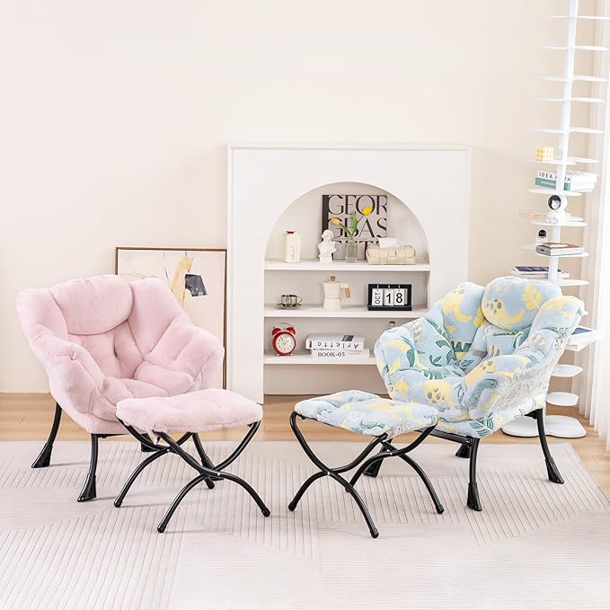Welnow Toddler Kids Lazy Chair with Ottoman, Accent Comfy Lounge Children Armchair Couch with Armrest and Removable Cover, Detachable Reading Chair with Footrest for Boy or Girl, Plush Pink