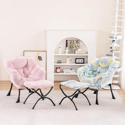 Welnow Toddler Kids Lazy Chair with Ottoman, Accent Comfy Lounge Children Armchair Couch with Armrest and Removable Cover, Detachable Reading Chair with Footrest for Boy or Girl, Plush Pink
