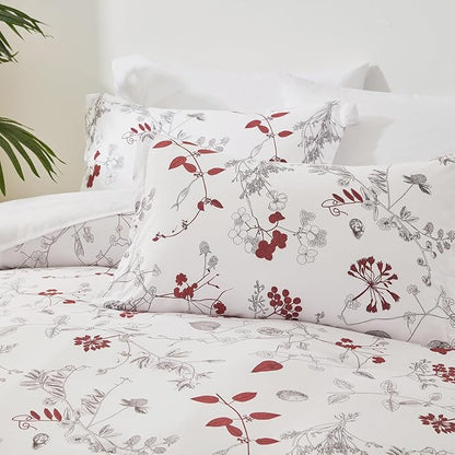 EMME Queen Comforter Set - Red Floral Bedding Set 7 PCS with Flowers Leaves Pattern, Soft Plant Printed Botanical Bed Set with Sheets, Fluffy Bed Bag for All Season(90"X90")