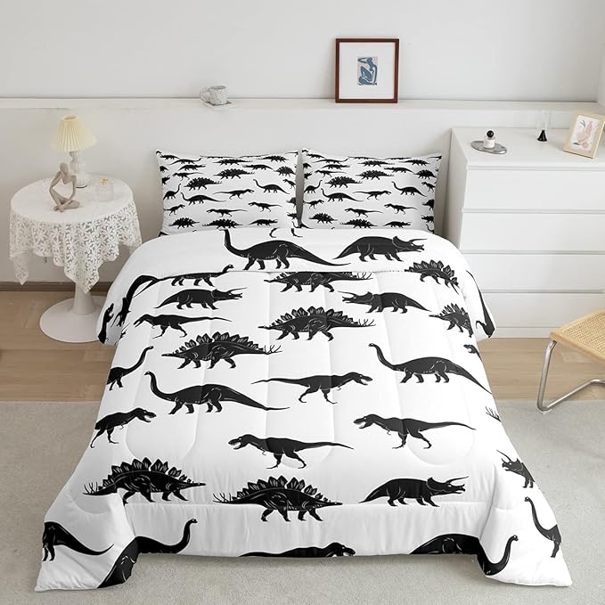 Erosebridal Dinosaur Down Comforter Dino Silhouettes Bedding Set King Size, Wildlife Animals Black White Comforter Sets for Kids Boys Teens Adult Bedroom, Dinosaurs Comforter with 2 Pillow Cases