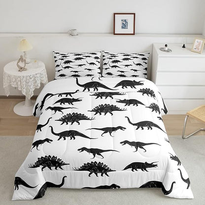 Erosebridal Dinosaur Comforter Set Dino Silhouettes Bedding Set Twin Size, Wildlife Animals Black White Duvet Sets for Kids Boys Teens Adult Bedroom Decor Dinosaurs Comforter with 1 Pillow Case
