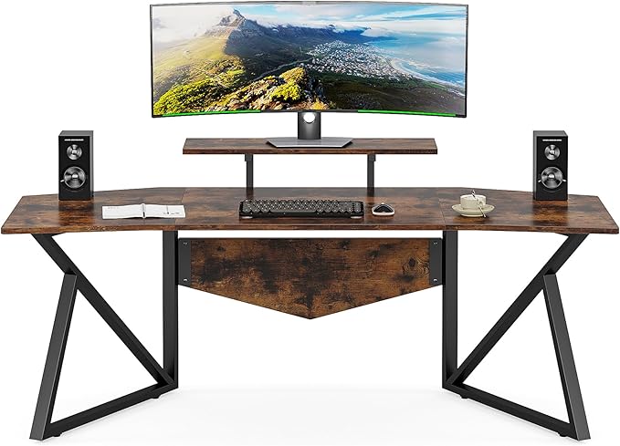 70.9" Large Computer Desk Home Office Desk Wing-Shaped Gaming Studio Desk, Rustic Brown