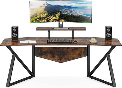 70.9" Large Computer Desk Home Office Desk Wing-Shaped Gaming Studio Desk, Rustic Brown