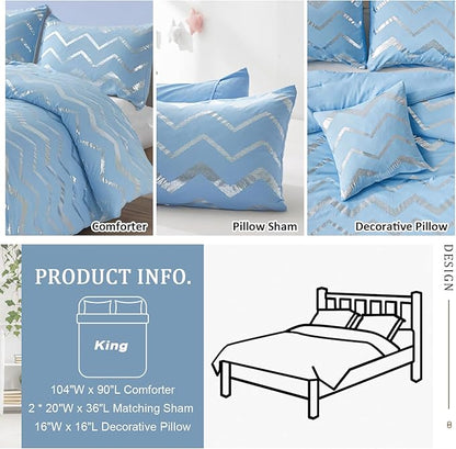 King Comforter Set Blue/Silver Metallic Print Glitter Bedding Set Cute Shinny Bed Sets for Teen Girls Kids Women, 4 Piece (2 Pillowcases, 1 Decorative Pillow Sham)