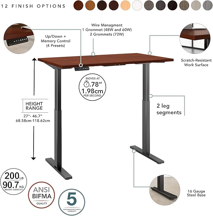 Bush Business Furniture Move 60 Electric Ergonomic Sit-Stand Computer Table for Home and Professional Office, 72W x 30D, Hansen Cherry