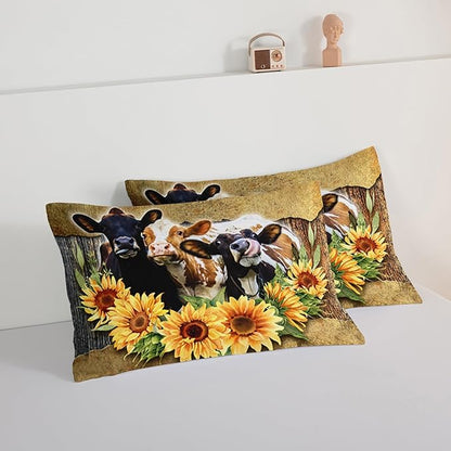HOSIMA Farmhouse Animal Cow Comforter Western Bedding Sets,Sunflower Comforter for Girls Boys Teens,Cow Print Bedding Room Decor,Floral Full Size Comforter Set with 2 Pillowcases.