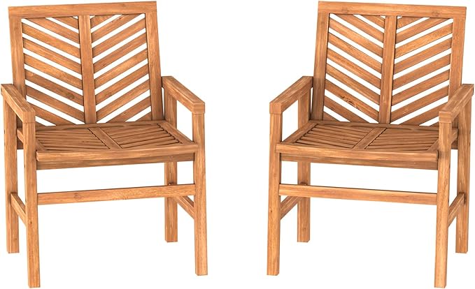 Walker Edison 2 Piece Outdoor Patio Chevron Wood Chair Set All Weather Backyard Conversation Garden Poolside Balcony, Set of 2, Brown