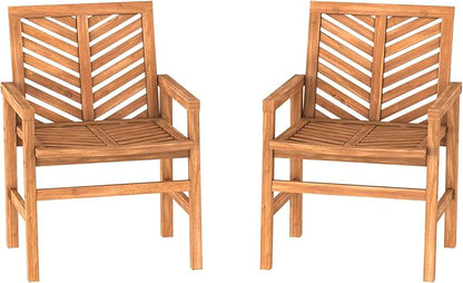 Walker Edison 2 Piece Outdoor Patio Chevron Wood Chair Set All Weather Backyard Conversation Garden Poolside Balcony, Set of 2, Brown