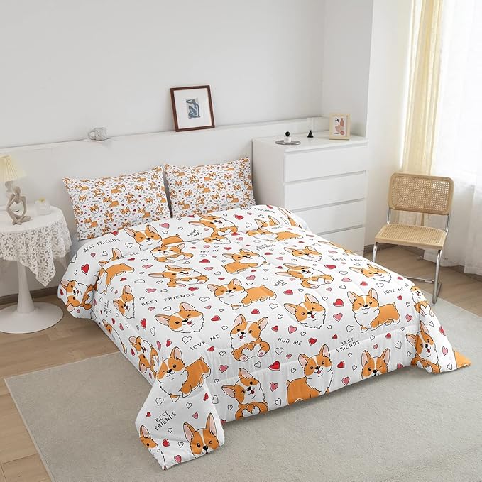 Kids Kawaii Corgi Comforter Set Toddler Cute Dog All Season Down Comforter Boys Girls Cartoon Puppy Dog Bedding Set Lovely Animal Quilt Set Room Decor 3Pcs with 2 Pillow Case Full Size