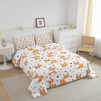 Kids Kawaii Corgi Comforter Set Toddler Cute Dog All Season Down Comforter Boys Girls Cartoon Puppy Dog Bedding Set Lovely Animal Quilt Set Room Decor 3Pcs with 2 Pillow Case Full Size