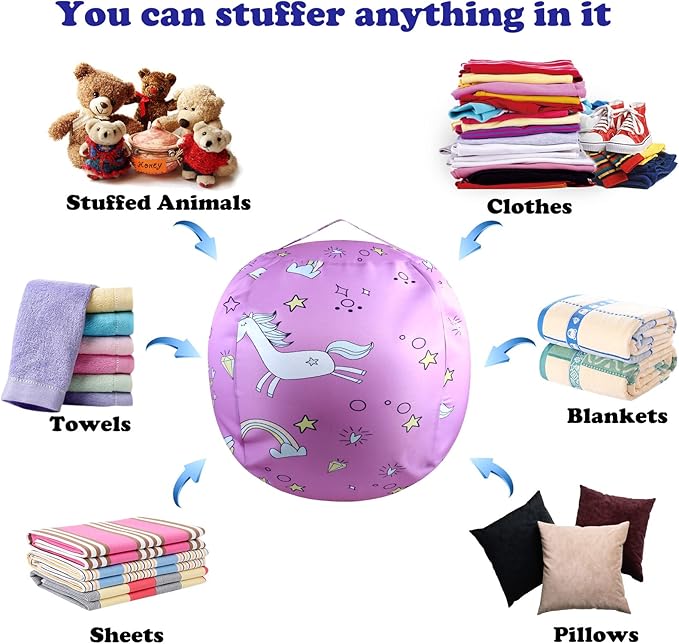Stuffed Animal Storage Bean Bag Chairs Toy Storage Organizer Bean Bags Chair Covers Only for Kids 24" Beanbag with Zipper for Organizing Kid's and Adults Room, Pink White Unicorn