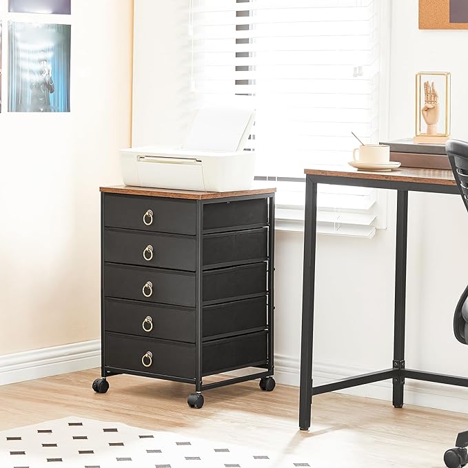 HOOBRO 5-Drawer Chest, File Cabinet, Office Cabinet with Drawers, Rolling Printer Stand, Filing Cabinet for Living Room, Home Office, Nonwovens Drawer, Easy Assembly, Black BFK50WJ01