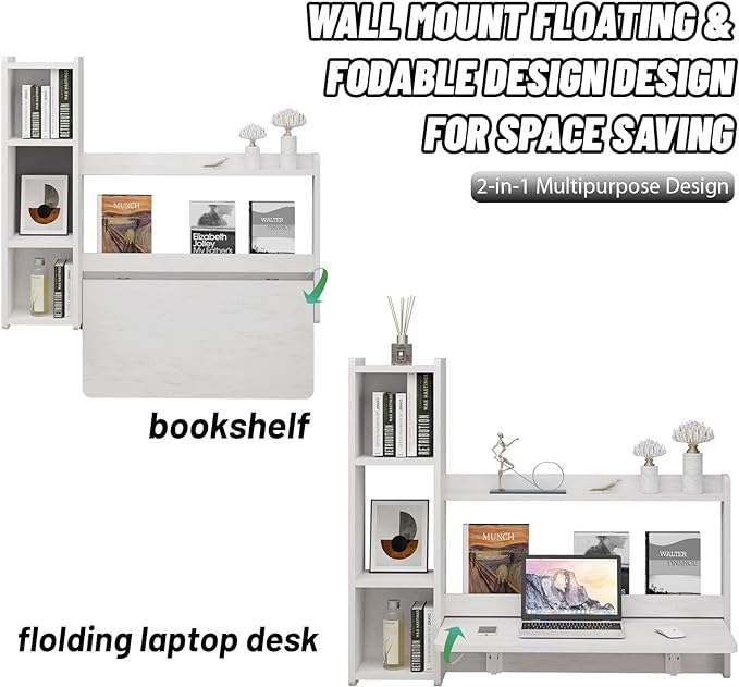 Pmnianhua Floating Desk,41'' Wall Mounted Desk Fold Down Laptop Desk Folding Space Saving Table Workstation with Storage Shelves for Bedroom Study Room Small Space (Off White-Left)