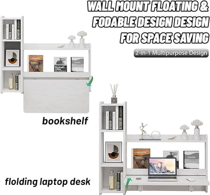Pmnianhua Floating Desk,41'' Wall Mounted Desk Fold Down Laptop Desk Folding Space Saving Table Workstation with Storage Shelves for Bedroom Study Room Small Space (Off White-Left)