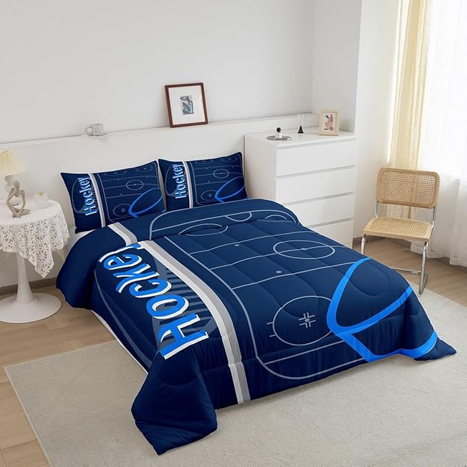 Feelyou Kids Ice Hockey Comforter Set King Size Ice Sports Games Bedding Set for Boys Girls Teens Bedroom Decor Hockey Player Comforter Puck Hockey Duvet Set with 2 Pillow Case