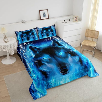 Feelyou Wolf Bedding Set Safari Animal Pattern Comforter Cool Wildlife Style Comforter Set for Boys Girls Kids Room Decor Glitter Blue Wild Wolf Lightweight Duvet Set King Size with 2 Pillow Case