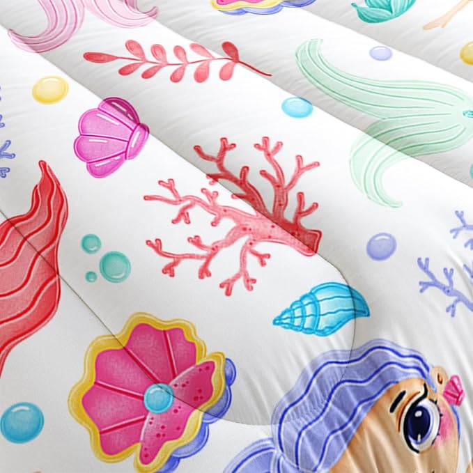 Mermaid Comforter Set Twin Size Fairy Tale Sea Shell Grass Bedding Set Starfish Quilt Bed Set for Kid Girls with 1 Comforter and 2 Pillowcases