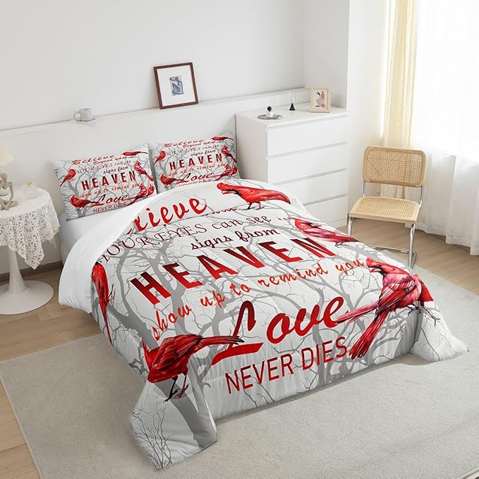 Cardinal Bird Comforter Set Queen Size Farmhouse Red Birds Bedding Set for Girls Boys Women Men Tree Branches Decor Comforter Nature Comforter with 2 Pillow Case