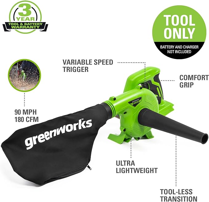 Greenworks 24V (90 MPH / 180 CFM / 125+ Compatible Tools) Cordless Shop Blower, Tool Only