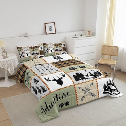 Camper Adventure Kids Comforter Set Full Size,Deer Antlers Bear Paws Farmhouse Bedding Set for Boys Girls Adults Room Decor,Arrows Plaids Patchwork Down Comforter,Rustic Duvet Insert,2 Pillowcases