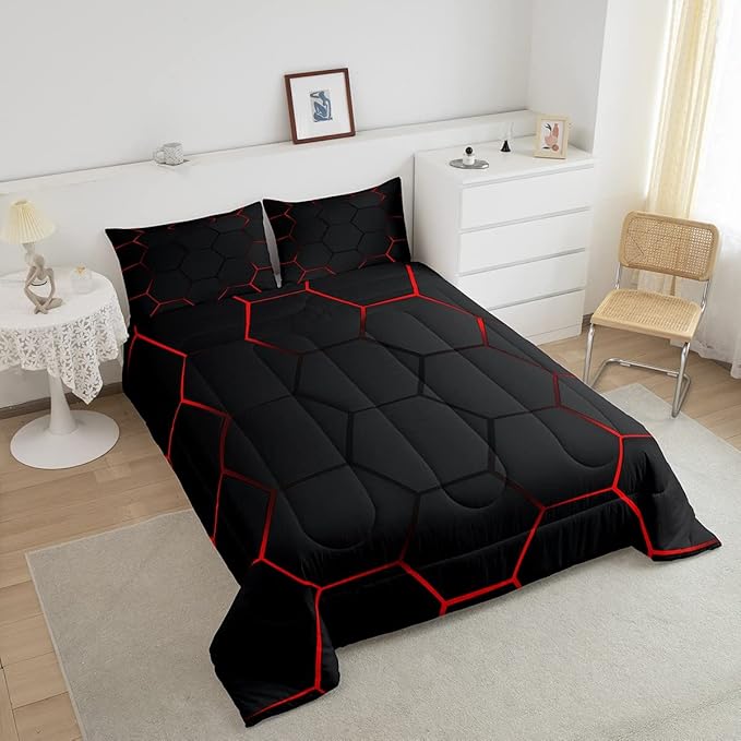 Honeycomb Bedding Set Honeycomb Modern Geometry Hexagon Theme Comforter Set for Kids Boys Children Geometrical Comforter Ultra Soft Beehive Black Red Decor Duvet Set Full Size