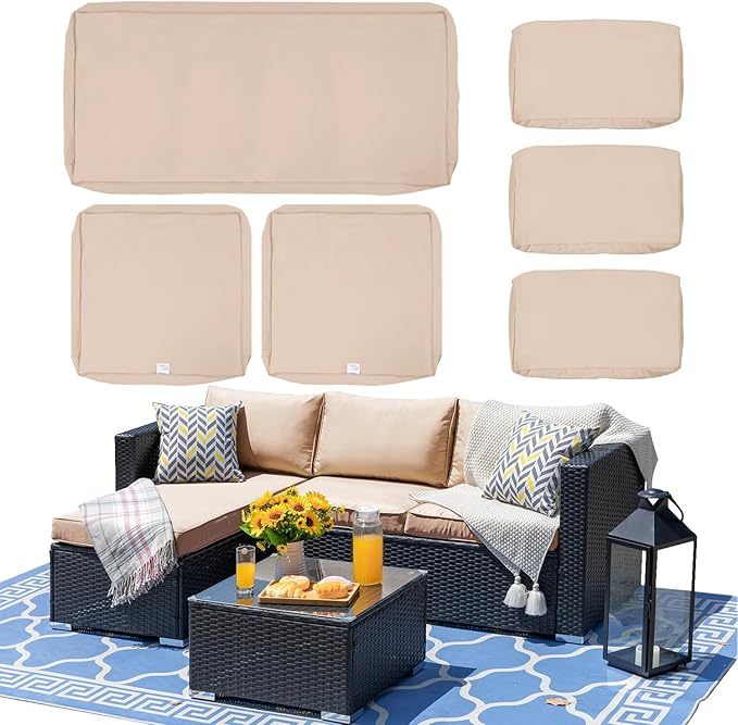 ClawsCover 6Pack Outdoor Seat and Back Cushions Replacement Covers Fit for 3 Pieces 3-Seater Wicker Rattan Patio Furniture Conversation Set Sectional Couch Chair,Light Khaki-Include Cover Only