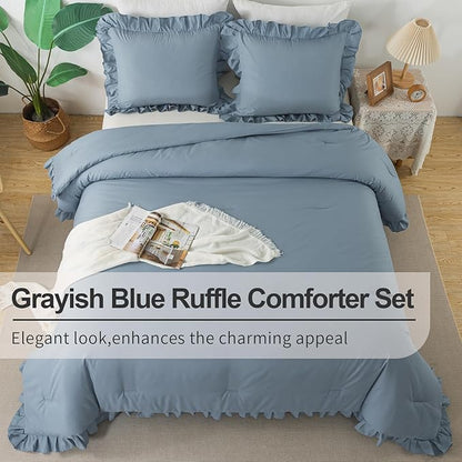 Andency California King Comforter Sets Grayish Blue (104x96Inch), 3 Pieces Cal King Ruffle Comforter, Oversized Farmhouse Shabby Chic Bed Comforter, Lightweight and Soft Microfiber Bedding Set