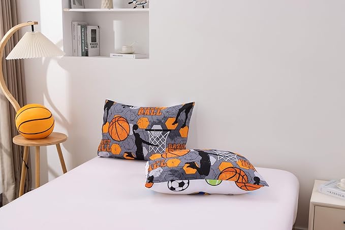 Btargot 3 Piece Grey Geometric Basketball Comforter Set Full for Boys Teens, 3D Sports Bedding,Soft Microfiber Reversible Quilt with 2 Matching Pillow Shams, Yellow