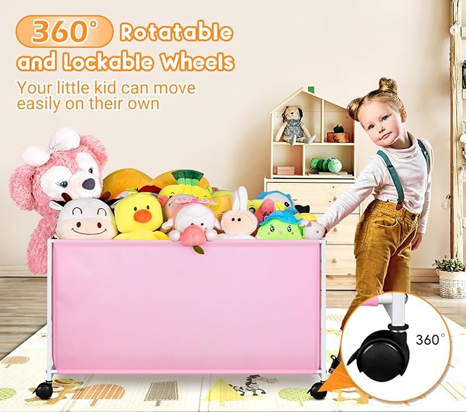 MISSLO Large Kids Toy Box for Girls with Wheels Toy Chest for Toddlers Toy Storage Organizer Big Toy Bin, 124L, Pink