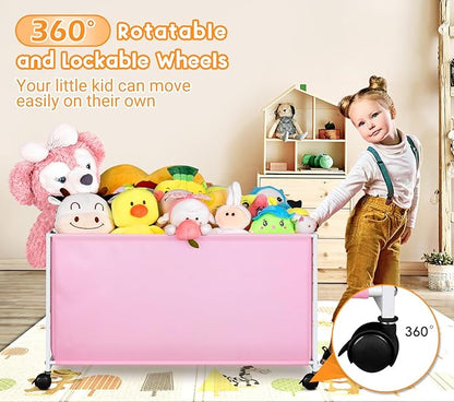 MISSLO Large Kids Toy Box for Girls with Wheels Toy Chest for Toddlers Toy Storage Organizer Big Toy Bin, 124L, Pink
