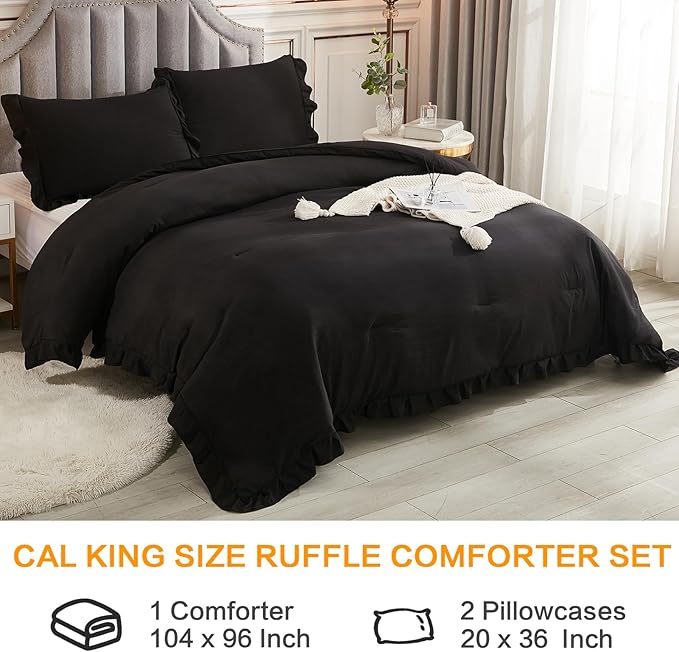 Andency California King Comforter Set Black (104x96Inch), 3 Pieces Cal King Ruffle Comforter, Oversized Farmhouse Shabby Chic Bed Comforter, Lighteweight and Soft Microfiber Bedding Set