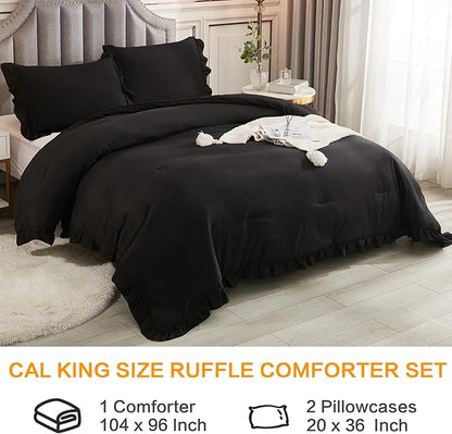 Andency California King Comforter Set Black (104x96Inch), 3 Pieces Cal King Ruffle Comforter, Oversized Farmhouse Shabby Chic Bed Comforter, Lighteweight and Soft Microfiber Bedding Set