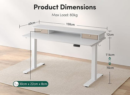 FEZIBO 60 x 24 Inch Height Adjustable Electric Standing Desk with Double Drawer, Stand Up Desk with Storage Shelf, Sit Stand Desk, White