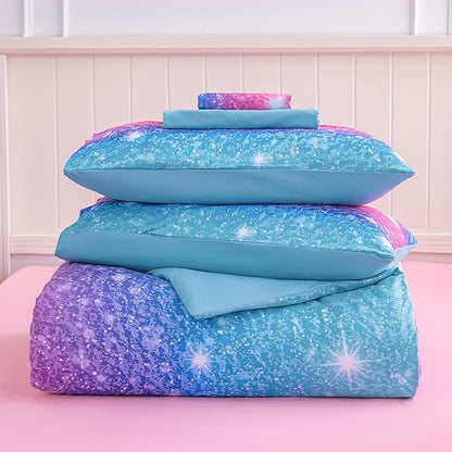 Twin Comforter Set for Girls Galaxy Bedding 7pieces, Ombre Bedding Comforter Sets Rainbow Comforter, Glitter Bedding Twin Teen Comforter Sets for Girls (Blue)