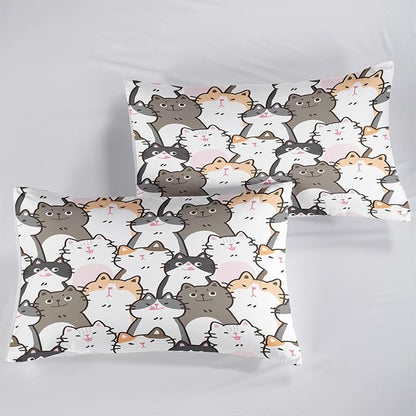 CVHOUSE Cat Bedding,Cartoon Cat Comforter Full,Animals Print Comforter Set for Kids,Kawaii Quilt Set with 1 Comforter and 2 Pillow Cases
