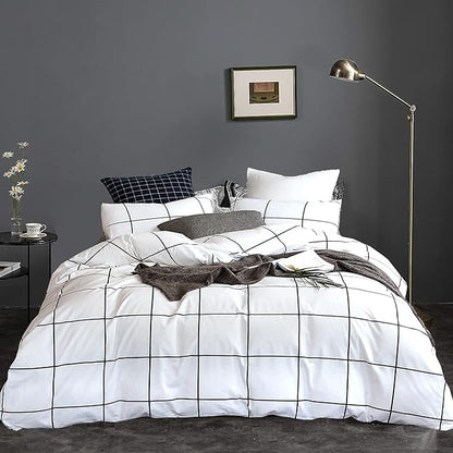 White Grid Comforter Set Big Grid Bedding Set Full White Black Plaid Printed Stripes Women Checkered Comforters Bedding Set Girls White Grid Bed Blanket Set White Plaid Full Comforter