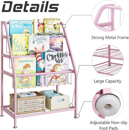 aboxoo Kids Bookshelf Small Toddler Freestanding for Children Room 18 inches Metal Bookcase Toy Organizer Pink Stable Bookcase Bookstore Library Book Unit Storage for Small Place