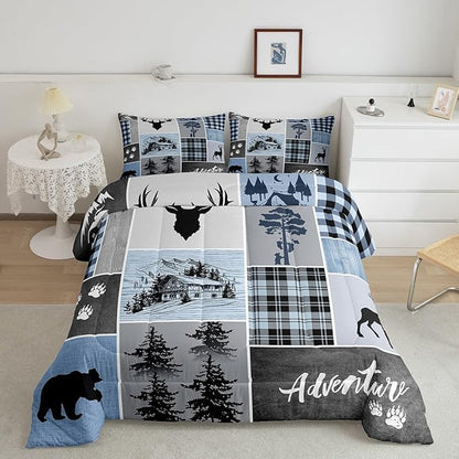 Manfei Deer Antler Comforter Set King Size,Bear Paws Rustic Farmhouse Xmas Bedding Set for Kids Boys Girls Adults Room Decor,Plaids Patchwork Adventure Down Comforter,Blue Duvet Insert,2 Pillowcases