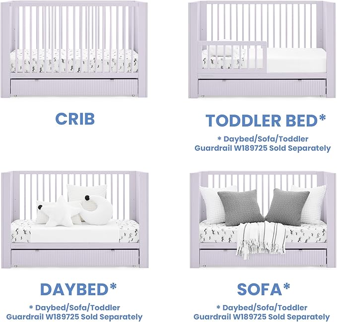 Delta Children Cassie 4-in-1 Convertible Crib with Underdrawer, Lilac + Simmons Kids Silver Nights Dual Sided 2-Stage Baby Crib Mattress (Bundle)