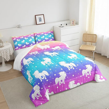 2 Piece Unicorn and Stars Bedding Set King Size,Tie Dye Pastel Comforter Sets Rainbow Printed Duvet Sets for Kids Girls Teens,Girly Sweet Colorful Down Comforter Bedroom Decor with 2 Pillow Cases