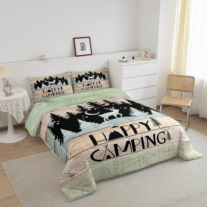Camper Decor Quilt Bedding For Full Rustic Farmhouse Camping Comforter Set Woodland Animal Deer Rv accessories Bedding Sets Gifts For Teen Boys Girls Black Green Wooden Board Bunks Decor 2 Pillowcases